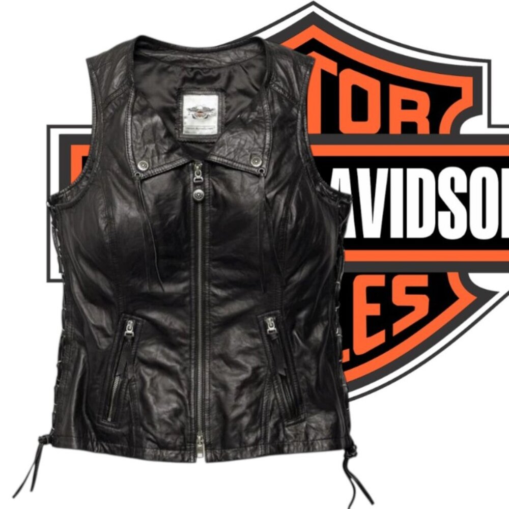 Harley Davidson Bridgit Fringed Black Leather Women's Adjustable Riding Vest LG